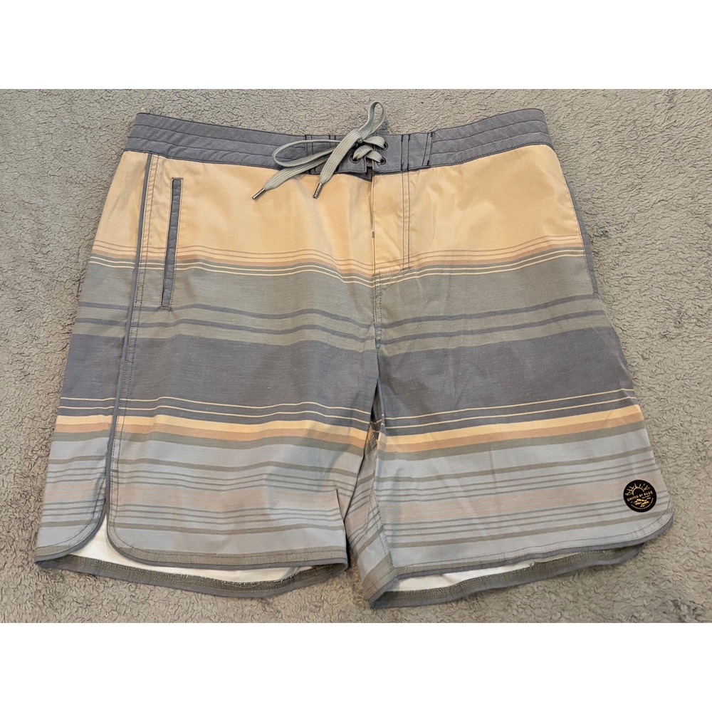 United By Blue Mens Scallop Boardshorts Striped Blue Tan Size 36 Swim Trunks